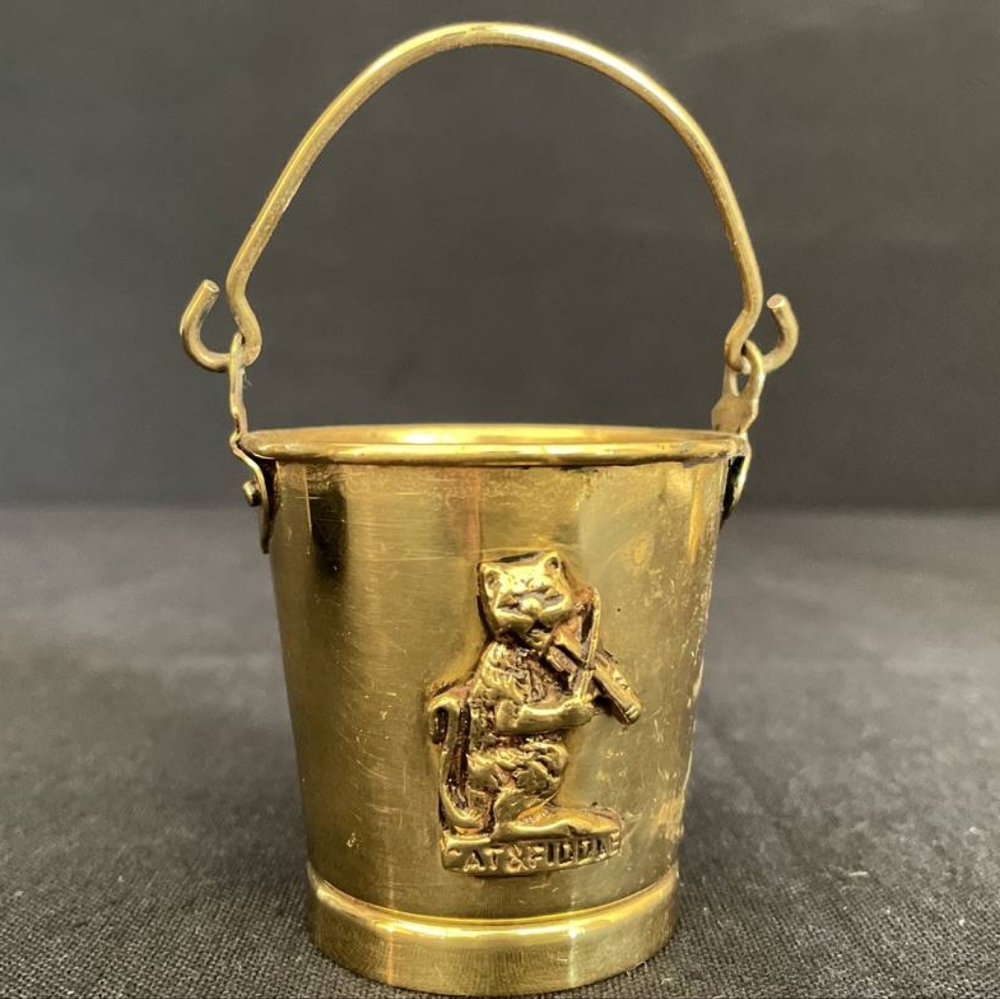 Antique Pail Bucket Candleholder Miniature Brass 1900's w/ Cat Emblem (Vintage)